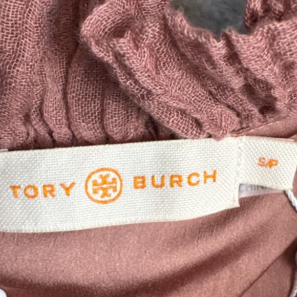 Tory Burch Linen Blend Ruffle Gauze Blouse Wood Rose Size S NWT Designer - Picture 7 of 10